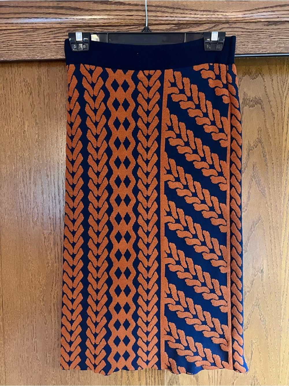 Maeve by Anthropologie Navy and Rust Patterned Knit Pencil Skirt
